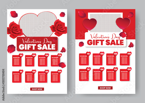 Romantic Happy Valentine’s Day gift package sale flyer poster template designed for A4 print, party promotion, leaflet advertising, and festive marketing campaigns