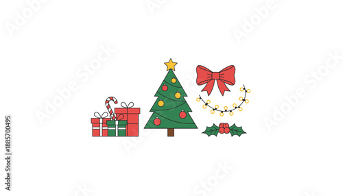 Vector illustration set of festive Christmas elements tree presents bow lights and candy cane