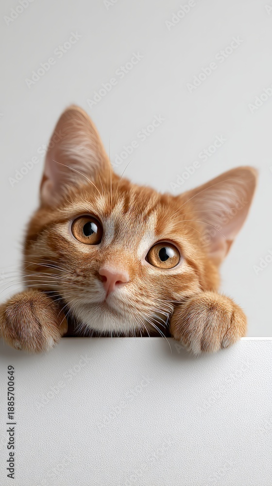 Obraz premium Ginger kitten curiously peeking vertically over a blank white surface, showing its face and front paws with expressive big eyes, representing concepts of pets, innocence, and discovery