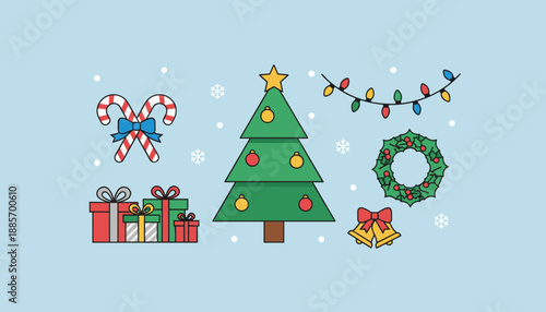 Festive Christmas icon set decorated tree gifts wreath lights and candy canes on blue