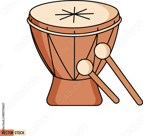 A digital illustration of a brown djembe drum with wooden sticks on a white background. Perfect for Eid Mubarak icons, cultural symbols, and music graphics.