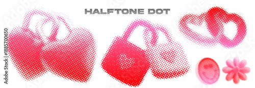 Aesthetic Grunge Y2K Retro Stipple Element with Love Keychain, Couple Rings, Heart in Pixel Halftone Dot Style