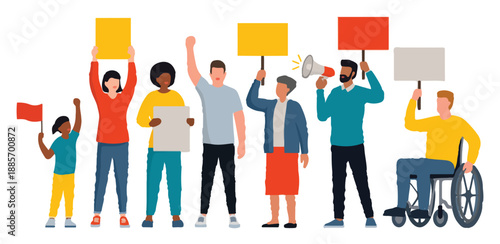 A group of diverse individuals holding blank signs and flags, participating in a peaceful protest or demonstration Victor Art Illustration