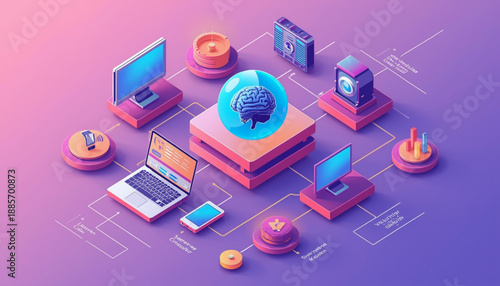 Colorful 3d isometric illustration of various devices and brain on book with connections on purple background