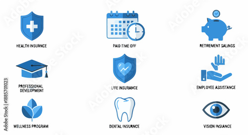 A grid of blue icons representing various employee benefits and insurance options, including health, life, dental, vision, retirement, and professional development.