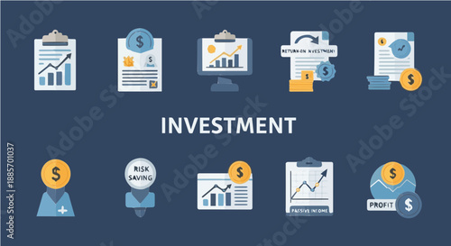 A collection of financial investment icons and symbols, including charts, documents, and money-related graphics, on a dark blue background.