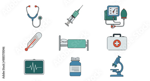 Collection of medical equipment and healthcare tools including stethoscope, syringe, blood pressure monitor, thermometer, hospital bed, first aid kit, ECG, medicine, and microscope.