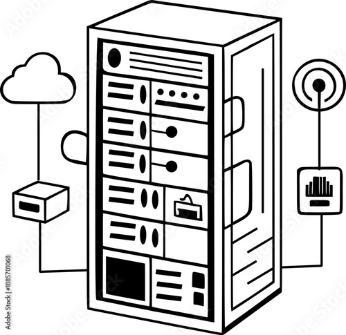 Edge Server Rack Line Icon, Edge Computing Infrastructure Black and White Vector Illustration