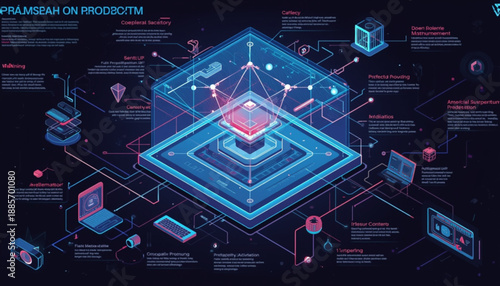 A futuristic infographic depicting a cube with various digital devices and icons connected to it on a dark background with neon colors