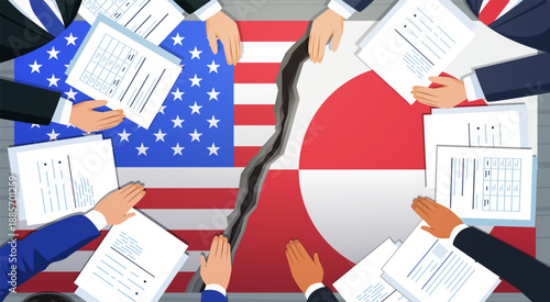 United States Greenland diplomatic conflict negotiation table cracked flags hands documents business suits international relations Arctic politics