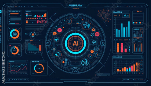 Futuristic ai dashboard with various charts and graphs on a dark blue background