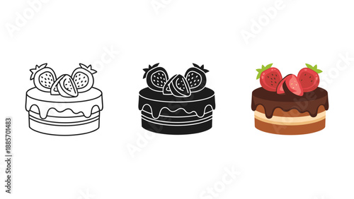 Three cakes with fruit toppings chocolate and line art on white background