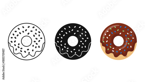 Three donuts with different glazes and sprinkles on a white background varying in style and color