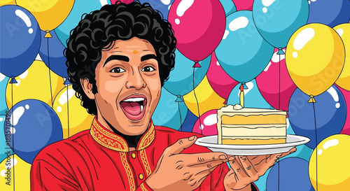 Happy Indian man holding birthday cake slice with balloons vector art