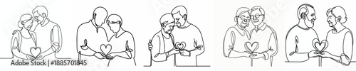line art of old couple holding heart shape together