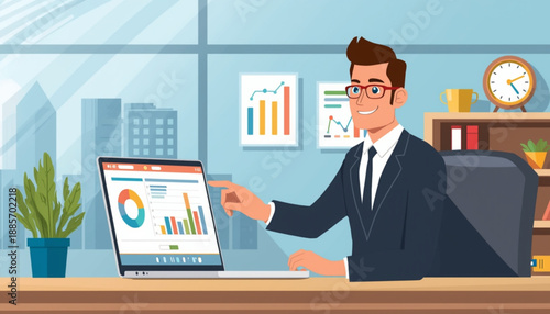 Businessman sitting at desk in office looking at laptop screen with graphs and charts on it