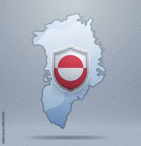 Greenland map shield flag protection sovereignty arctic security diplomacy metallic emblem gray background geopolitical concept