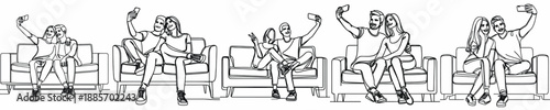 line art of a couple sitting on sofa taking a selfie together