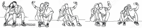 line art of a couple sitting on floor taking a selfie together