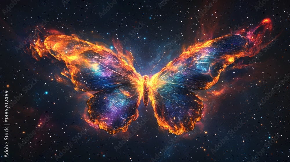 Naklejka premium Fiery butterfly wings with glowing cosmic nebula patterns float in the deep dark night sky.