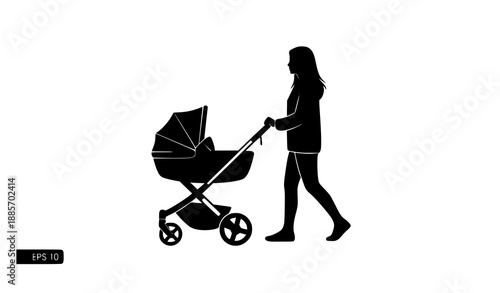 Minimal woman with baby stroller silhouette vector for family concept