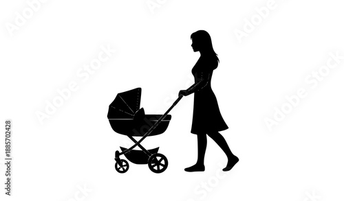 Mother pushing baby stroller silhouette vector illustration isolated on white