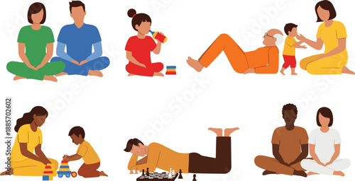 Family leisure activities with parents and children playing relaxing together vector illustration set