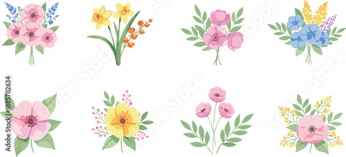 Soft pastel floral bouquets collection with spring flowers botanical vector illustration set isolated