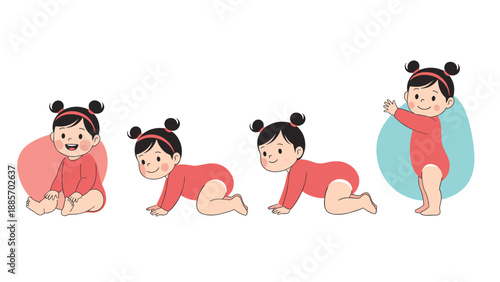 Sequence showing the developmental stages of a baby girl from sitting and crawling to standing and taking her first steps forward.