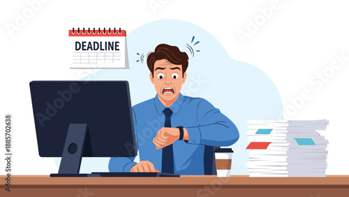 Panicked businessman sitting at his desk looking at his wristwatch in shock as he faces an urgent work deadline with piles of paper.