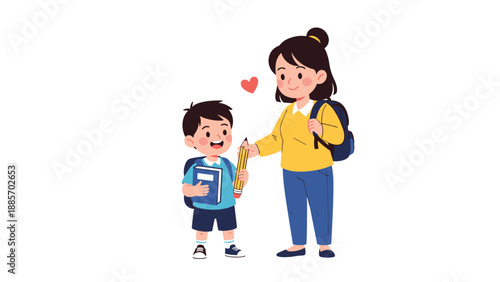 Kind woman with a backpack giving a large pencil to a young school boy holding a book as they prepare for class with a heart icon.
