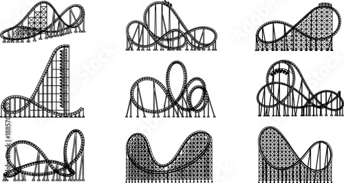Amusement park roller coaster silhouette set illustrating extreme rides looping tracks thrill attractions and entertainment infrastructure for funfair theme park design