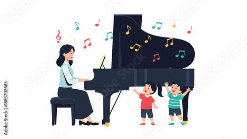 Talented woman sitting at a grand piano playing music while two small children enthusiastically sing along with musical notes around.