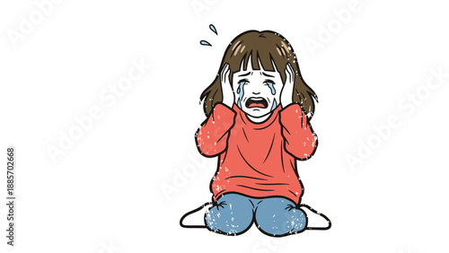 Upset young girl sitting and crying with tears streaming down her face while she holds her head in distress and sadness.