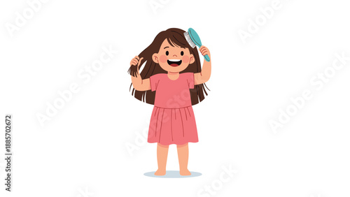 Happy young girl in a pink dress smiling while brushing her long dark brown hair with a blue hairbrush to keep it neat and tidy.