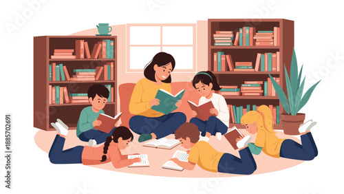 Friendly teacher sitting on a sofa and reading a storybook to a group of attentive children sitting and lying on a rug in a library.