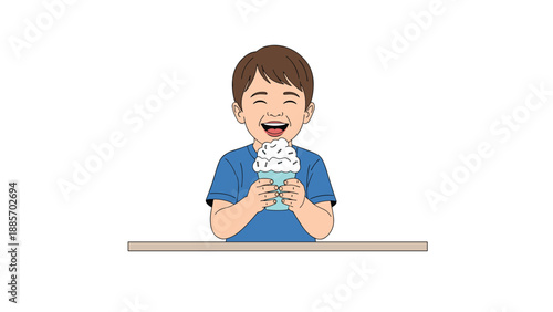 Joyful young boy in a blue shirt laughing heartily while holding a blue cup filled with cold white shaved ice on a wooden table.