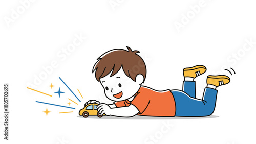 Happy little boy lying on the floor and playing with a small yellow toy car with sparkling motion lines indicating speed and fun.