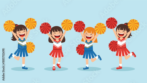 Group of four enthusiastic young cheerleaders in red and blue uniforms jumping and waving colorful pom-poms in a synchronized routine.