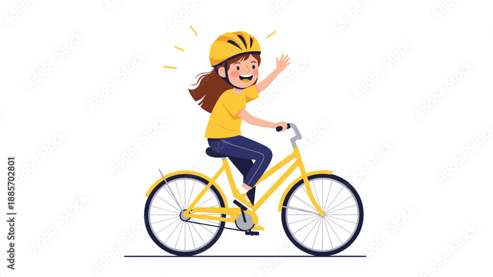 Obraz premium Energetic young girl wearing a yellow helmet and matching t-shirt riding her bicycle and waving happily on a white background.