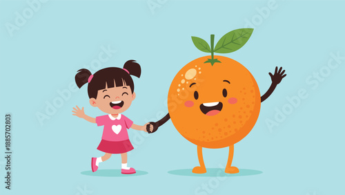 Happy little girl in a pink dress holding hands and walking with a giant smiling orange fruit character on a blue background.