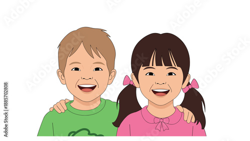 Close up portrait of a young boy and girl smiling with cheerful expressions and demonstrating friendship and happiness.