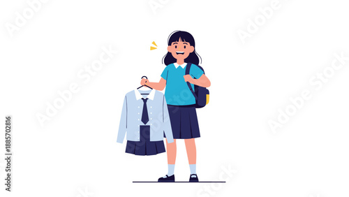 Young schoolgirl with a backpack holding a formal school uniform on a hanger and smiling about her first day of classes.