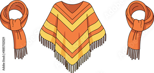 Autumn poncho and scarf clothing illustration set with fringes, cozy seasonal fashion accessories isolated on white background for design use