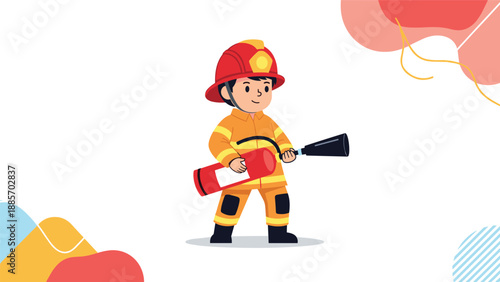 Young boy dressed as a brave firefighter wearing a red helmet and uniform while holding a red fire extinguisher.