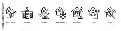 Corporate Operations web banner vector illustration featuring Money Transfer, Company, Statistics, Development, Presentation, Email, and Search.