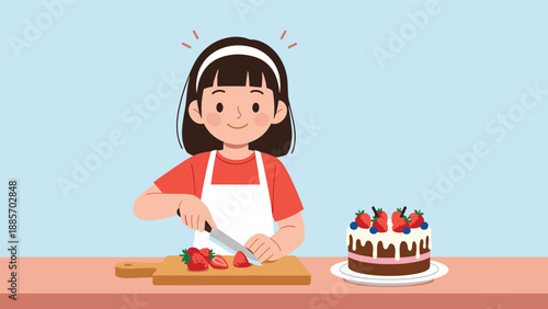Young girl wearing a white apron and headband carefully cutting strawberries to decorate a delicious chocolate layer cake.