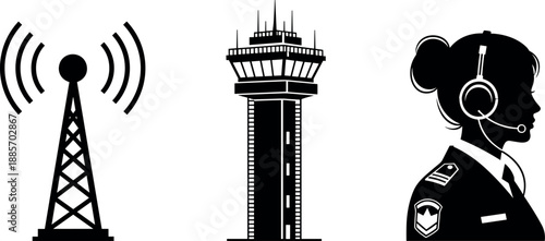 Aviation communication control icons set featuring radio transmission tower airport control tower and air traffic controller silhouette for aviation safety operations design