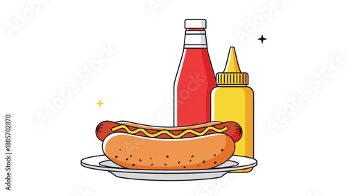 Classic hot dog in a bun topped with mustard served on a white plate with ketchup and mustard bottles in the background.