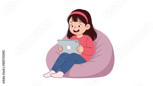 Happy young girl sitting comfortably in a purple bean bag chair while using a tablet computer and smiling at the screen.